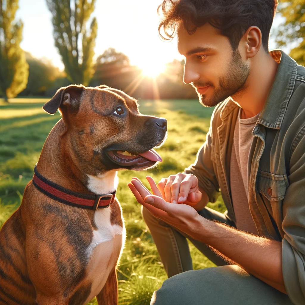 Amstaffi reagujú dobre na láskavé, ale pevné vedenie. 