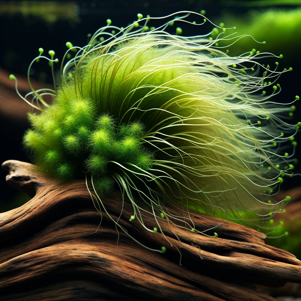 Tu je obrázok Java machu, bežnej akvárijnej rastliny, zobrazujúci jej jemné, zložité zelené vlákna.
