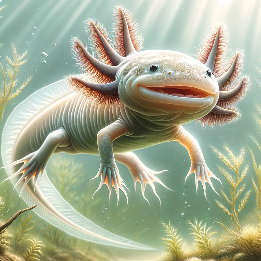 Axiolotl je mexický vodný salamander, ktorý zostáva v larválnom štádiu po celý svoj život. 