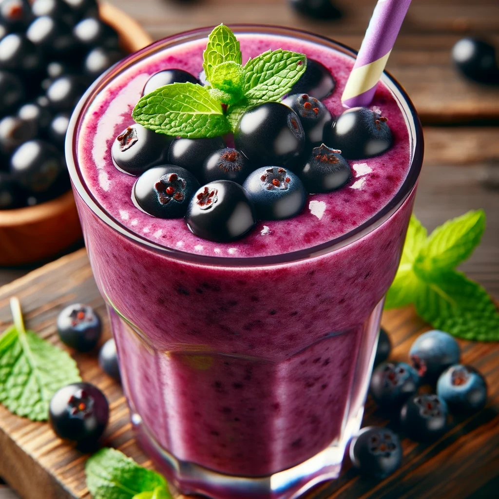 Aróniová smoothie: Kombinujte šťavu z arónie s banánom, mrazenými lesnými plodmi, gréckym jogurtom a trochou medu pre výživný a osviežujúci nápoj.