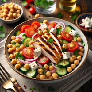 Cícerový šalát môže byť podávaný ako hlavné jedlo, najmä ak pridáte dodatočné proteíny, ako je grilované kuracie mäso, pečený tofu, alebo pridaný feta syr.