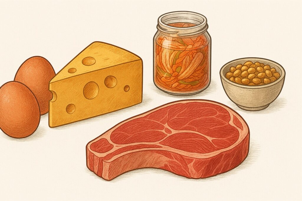 K2 sa nachádza najmä v živočíšnych a fermentovaných potravinách