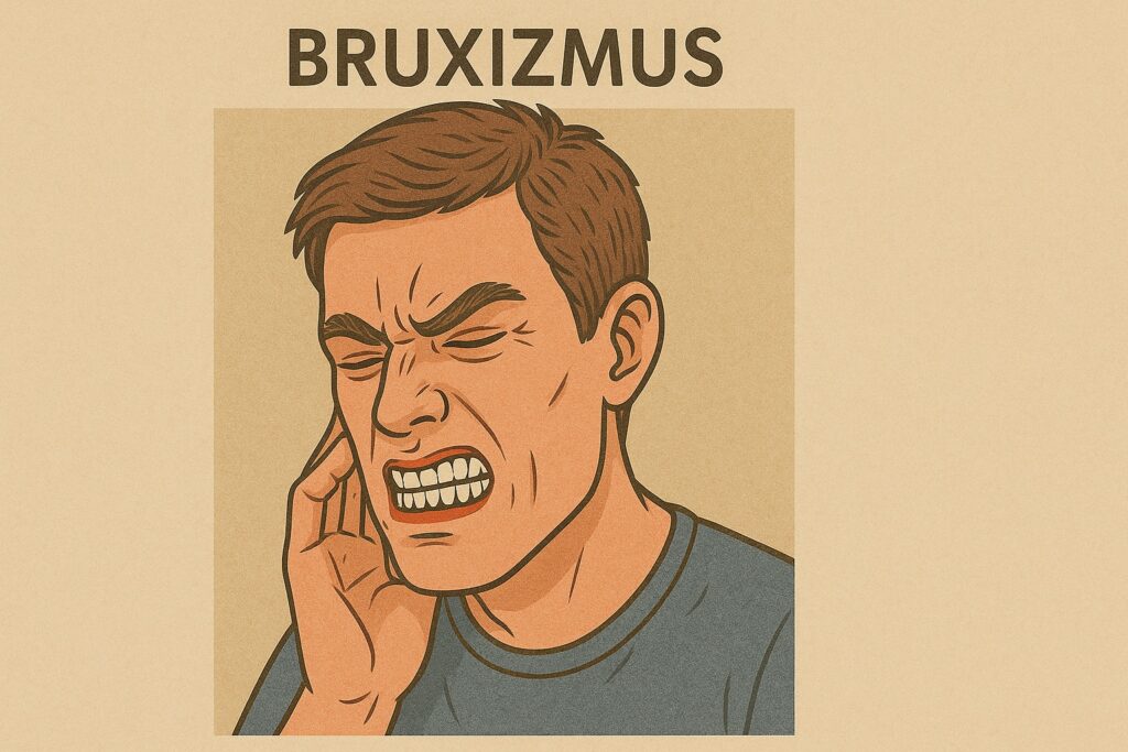 Bruxizmus, čiže škrípanie alebo zatínanie zubov, vedie k nadmernému a dlhodobému zaťaženiu zubov.