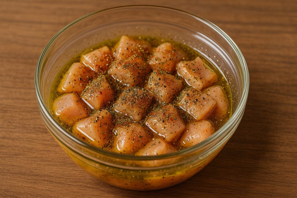 Mäso nie je nutné marinovať, no ak máte čas a chcete mu dodať viac chuti, môžete ho aspoň na 15 – 20 minút nechať v zmesi olivového oleja, soli, korenia a byliniek, prípadne trochy citrónovej šťavy. 